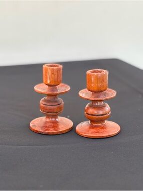 Wooden Candlestick Pair in Warm Cherry Finish
